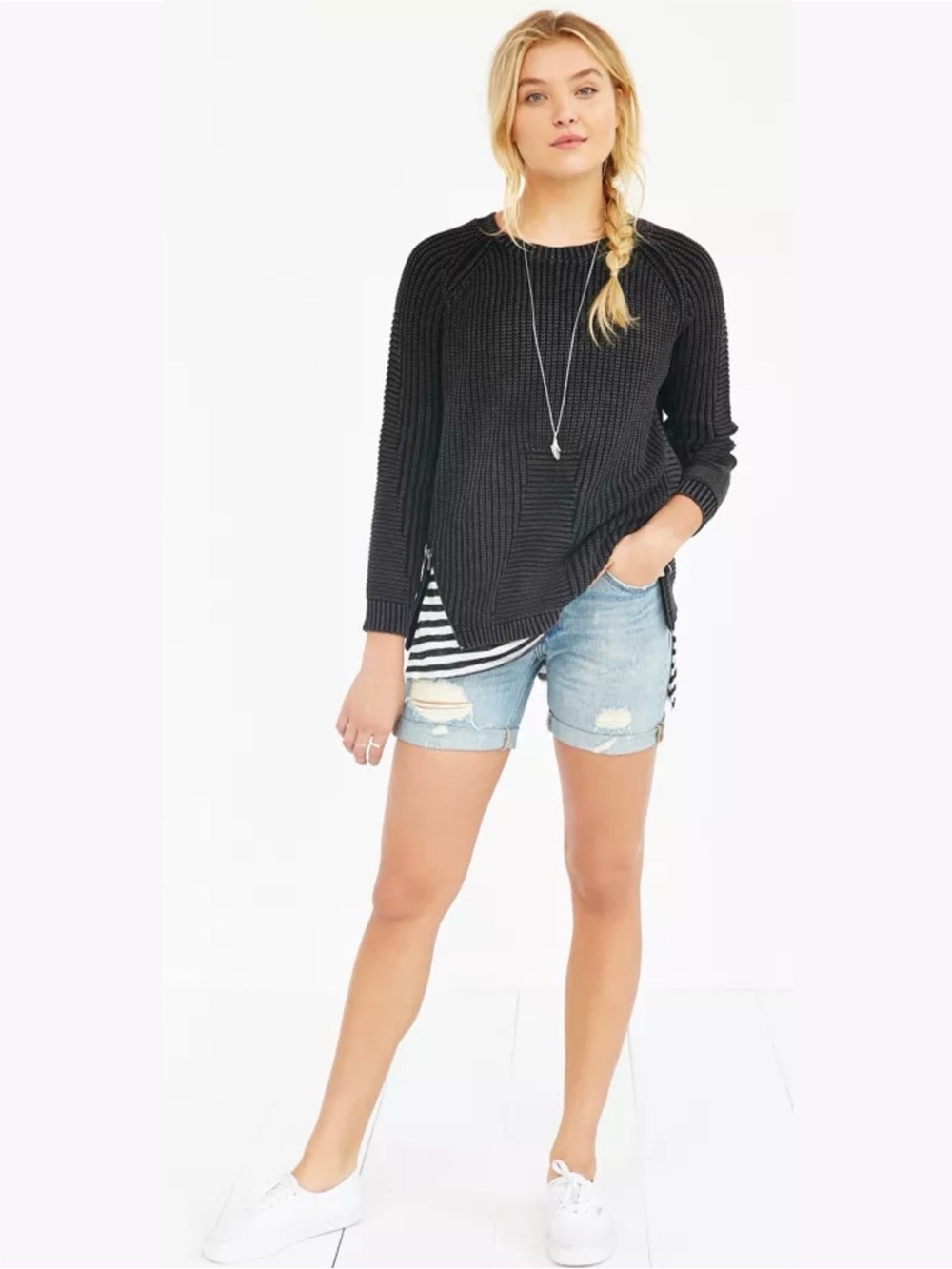 Olive & Oak Zippered Hem Contrast Ribbed Knit Cotton Sweater
